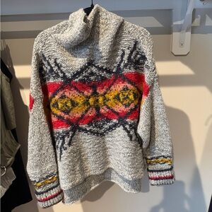 Free People Cozy Grey Patterned Turtleneck Sweater - Red & Yellow Accents